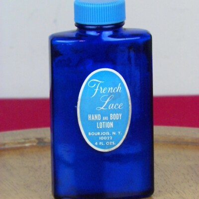 Vintage French Lace Hand Body Lotion Cobalt Blue Bottle Bourjois 3/4 Full 4 Oz