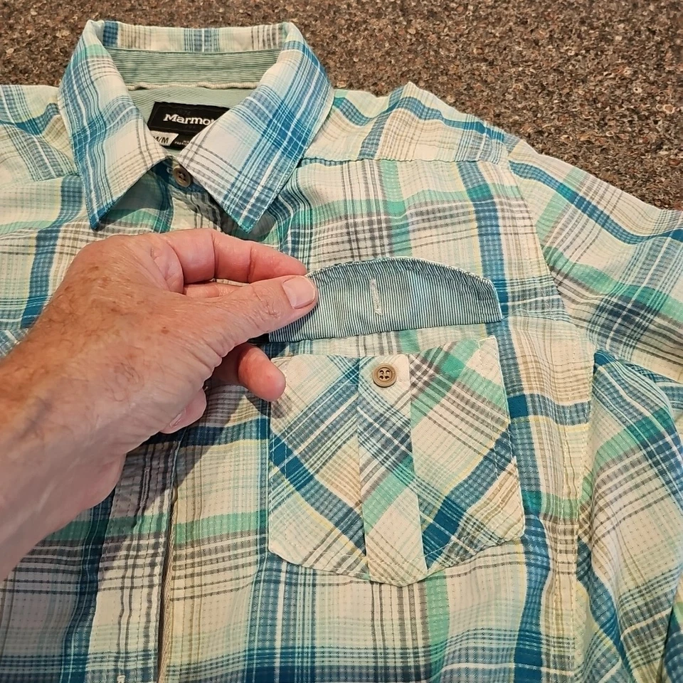 Camisa Marmot para mujer M azul a cuadros con botones lengüeta enrollable manga larga bolsillos senderismo Foto 2 de 4