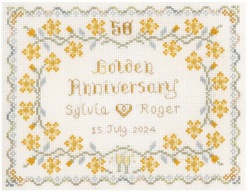 Muestreador de aniversario de boda dorado - Kit de punto de cruz en 14 aida - Carta de colores - Imagen 1 de 1