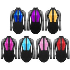 Kids Girls Jumpsuit Long Sleeve Leotard Figure Skating Tracksuit Keyhole Back