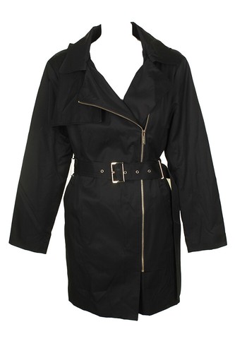 Michael Kors Womens Petite Black Asymmetrical Belted Rain Coat PXL