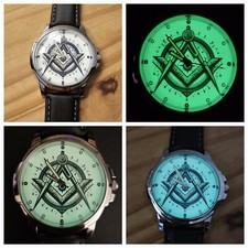 Masonic Freemason Square Compass Wrist Watch FLORESCENT DIAL Absorb Sunlight UV