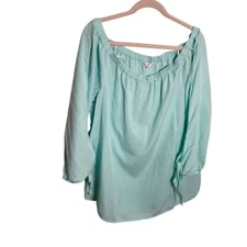 Crown & Ivy Blouse Women's Large Blue Off The Shoulder 3/4 Sleeve Preppy Top