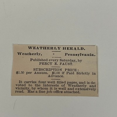 Weatherly Herald Percy E Faust Weatherly PA 1890 Newspaper Ad SAI9-S30