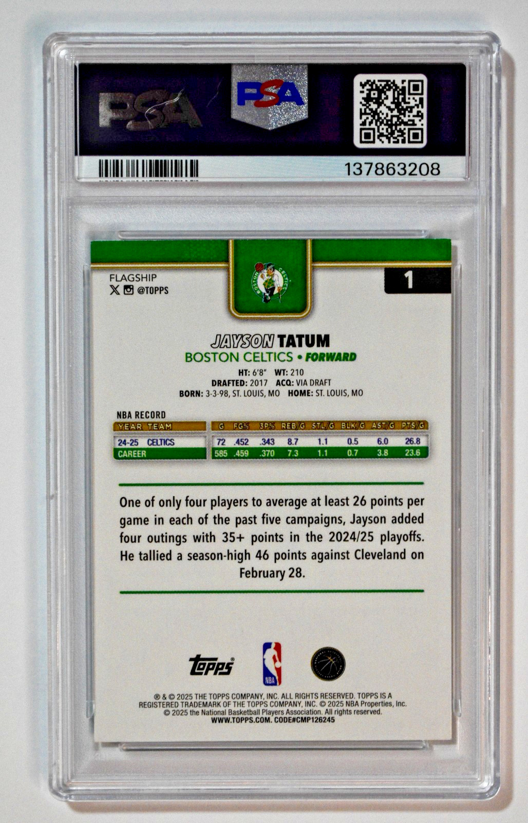 2025 Topps #1 Jayson Tatum Team Color Logo Border SSP PSA 8 NM-MT Celtics view 2
