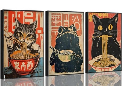 Japanese Black Cat Eating Ramen Canvas Wall Art Funny Cat Art Decor