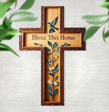 Cross Wooden Wall Art 2D Bless This Home Vintage Farmhouse Floral & Bird Design