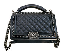 CHANEL Black Quilt Caviar Calfskin Interwoven Ruthenium Chain Top Handle Boy Bag