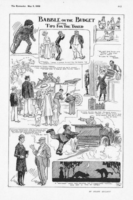 POLITIK plappert auf den Haushalt, Tipps für Steuerpflichtige - antiker Comic Druck 1909