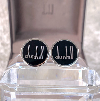 Dunhill Cufflinks Round Black Enamel dunhill Logo Silver with Case