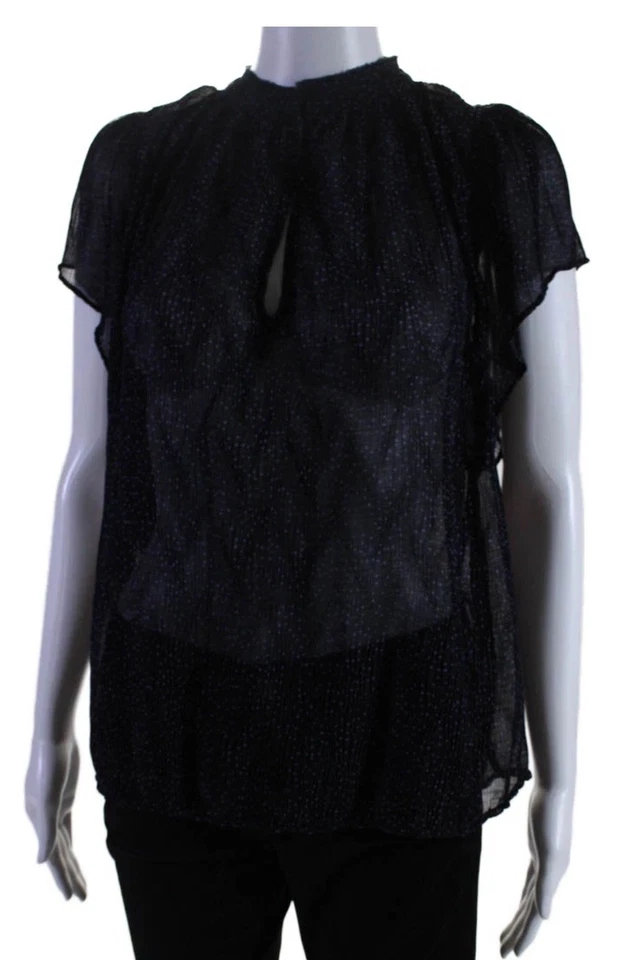 Blusa Vince Transparente Manga Flutter Ojo de Cerradura Negra Azul Marino Estampado de Lunares Talla M Foto 2 de 4