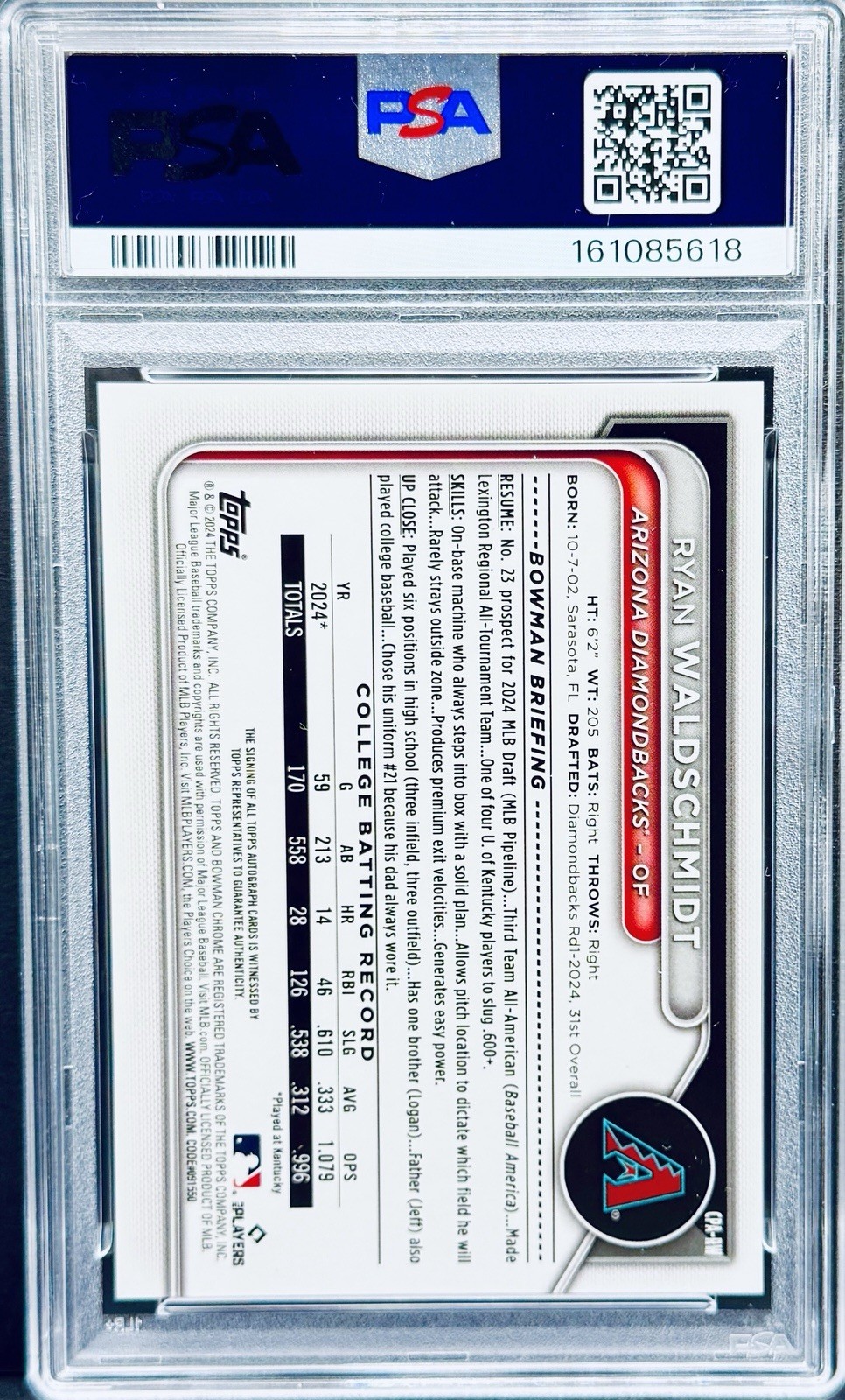 2024 Ryan Waldschmidt Bowman Chrome Orange Wave Refractor /25 Auto RC 1st PSA 10 view 2