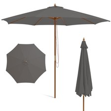 10 FT Wooden Patio Umbrella with Rope Pulley Lift 8 Bamboo Ribs