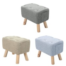 Linen Footstool Tufted Pouffe Padded Seat with Side Storage Pocket and Wood Legs
