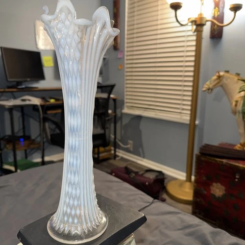 Fenton Swung Vase French Opalescent White Diamond Point Column 11 1/2” Art Glass