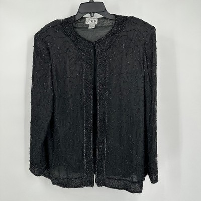 Womens Vintage Art Deco Silk Beaded Jacket Size M Black Open Front Elegant
