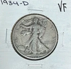 1934-D WALKING LIBERTY SILVER HALF DOLLAR~ VF ~NICE LOOKING COIN~ 90% SILVER
