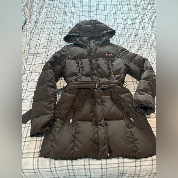 Hollister Womens Black Belted Puffer Jacket Hooded Down Parka Coat Large