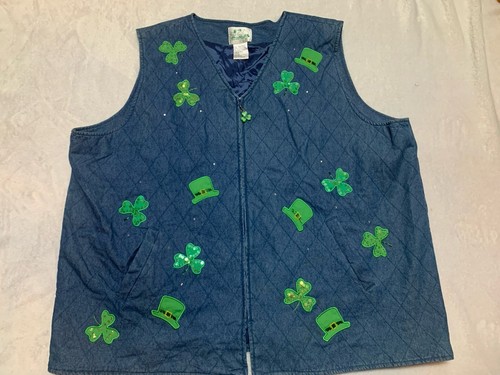 Quacker Factory St. Patricks Day Zip-Up Blue Denim Vest size 3x