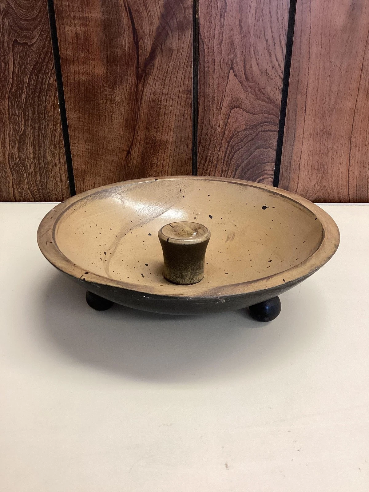 Vintage Tripod Wood Egg Separator Footed Bowl Black Tan Rustic Kitchen Tool 10in