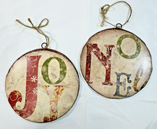 Metal Christmas Ornaments Set of 2 Joy and Noel Large Rustic Americana Style