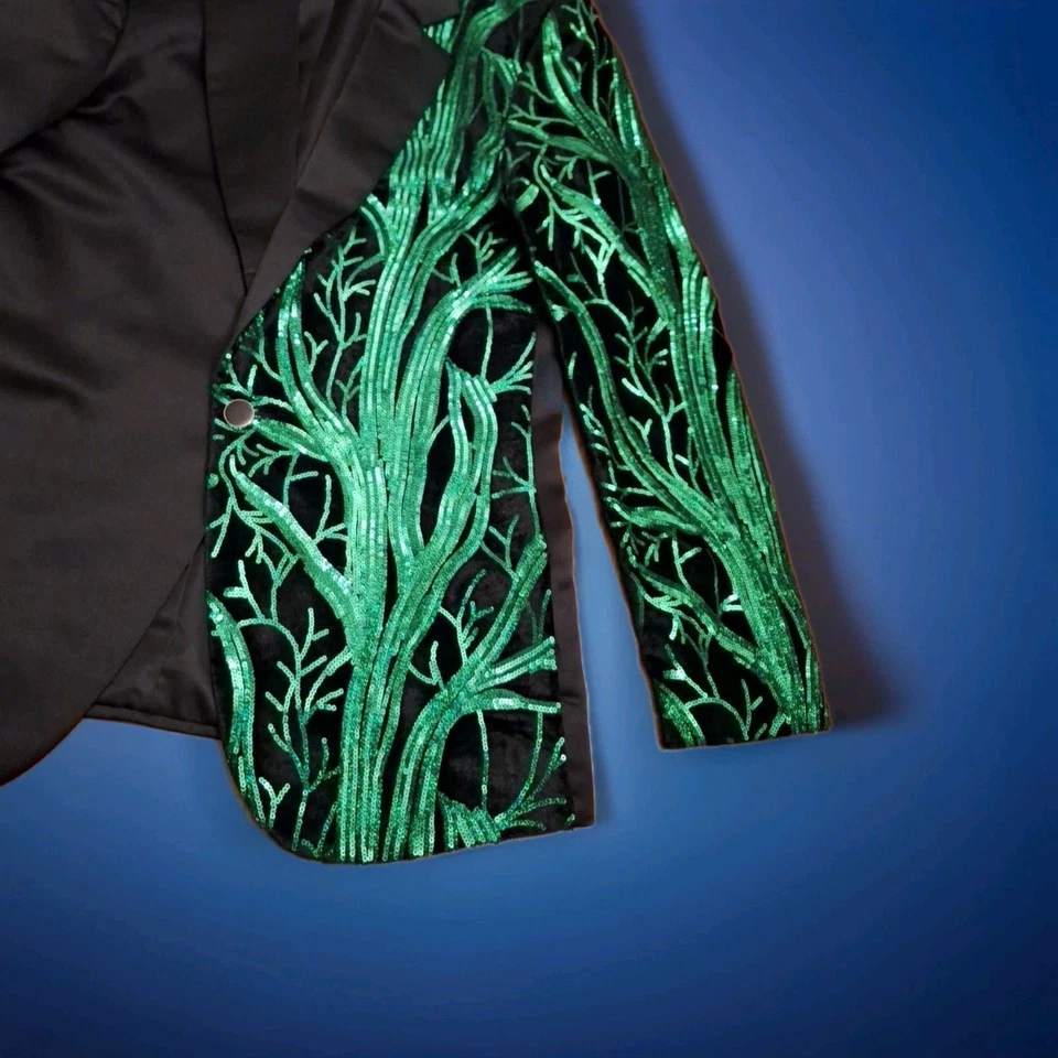 Elegante Chaqueta Negra Verde Lentejuelas Vines Talla XS Brillante Audaz Retro Drag King Foto 3 de 4