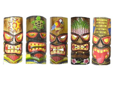 Set of 5 Polynesian Hawaiian Tiki Style Wall Masks Island Tropical Tribal Wood