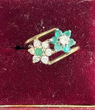 9ct Gold Emerald & Diamond Double Daisy Cluster Ring – 3g – Size L½ – Hallmarked