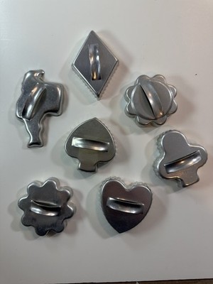 Set Of 7 Vintage Metal Cookie Cutters - Santa, Diamond, Heart, Clover, Flowers