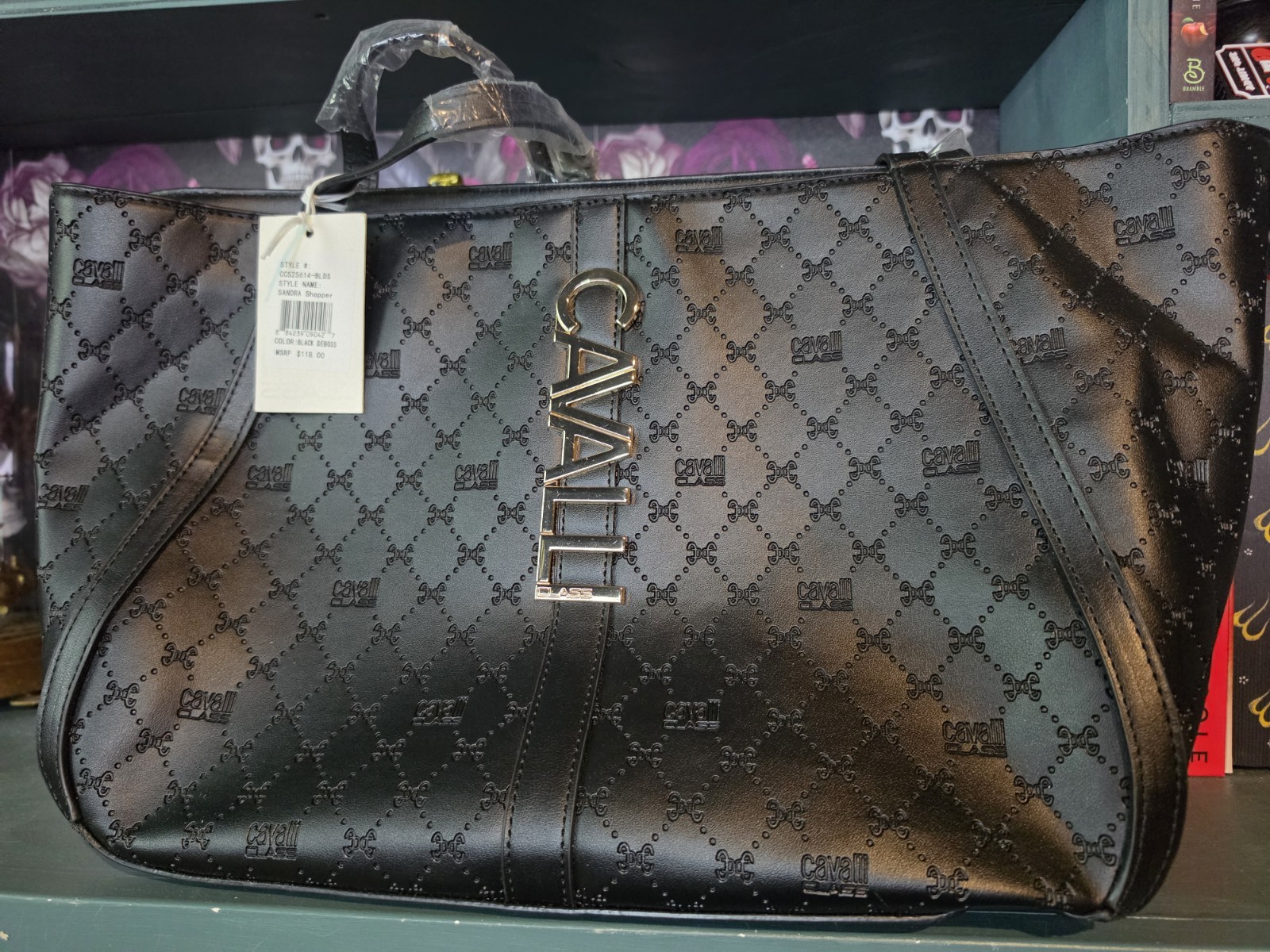 NWT Cavalli Class Sandra Shopper Tote Bag - Black Deboss