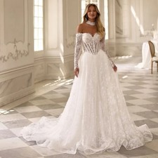 Shiny Appliques Wedding Dress Long Sleeves Lace Flower Off Shoulder Bride Gowns