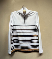 Golfino Women Long Sleeve Striped 1/4 Zip Golf Polo Shirt Size 10 White Pullover