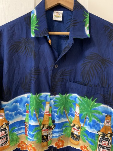 Rima Hawaiian Blue Bikini Beer Palm Trees Floral Button Shirt Men’s Large L S/S - Picture 2 of 4