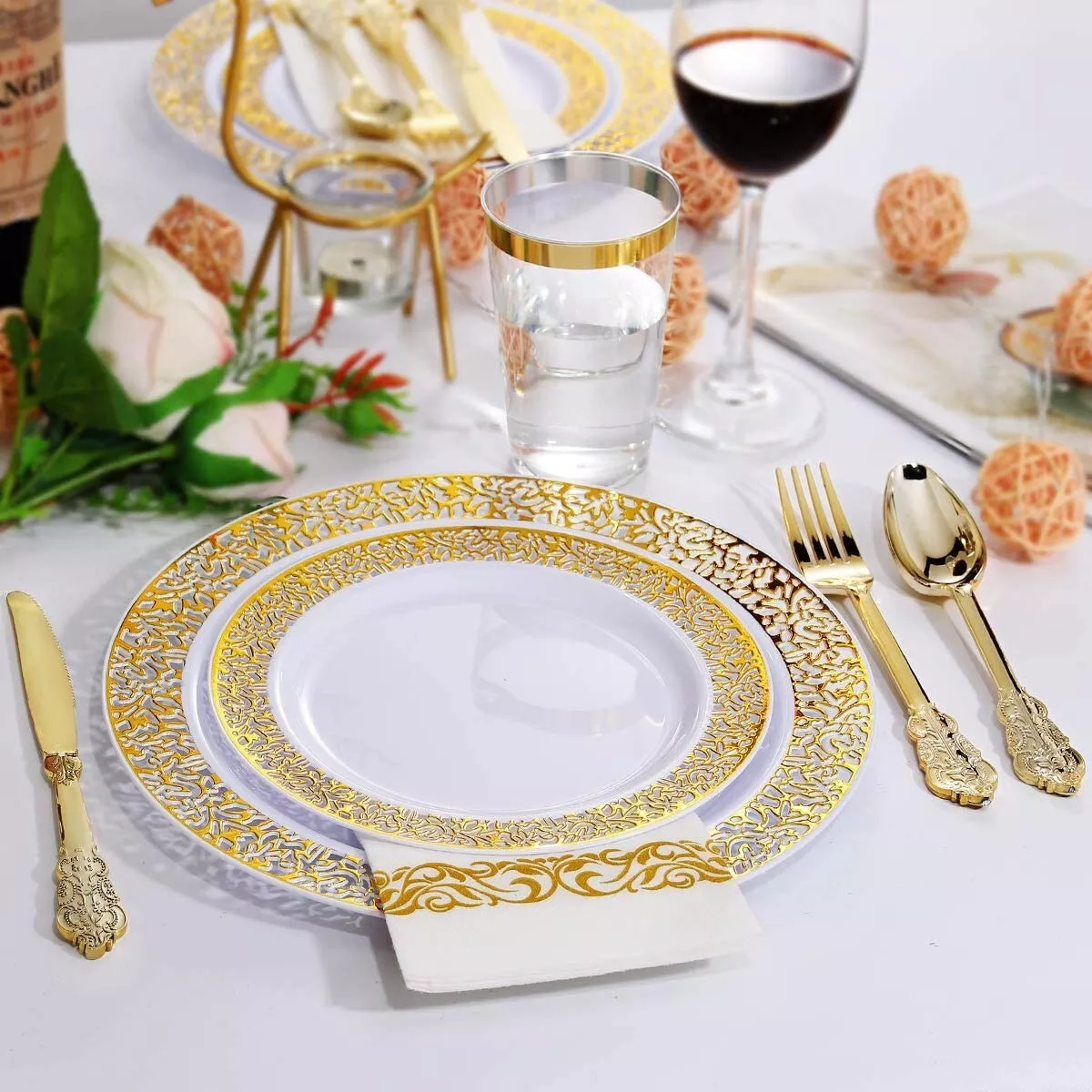 Platos desechables para fiestas boda elegantes con cubiertos 125pcs 25  invitados