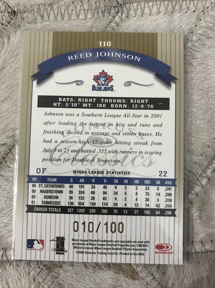 2002 (BLUE JAYS) Donruss Classics Timeless Tributes #110 Reed Johnson RC  10/100 - Image 2 of 2