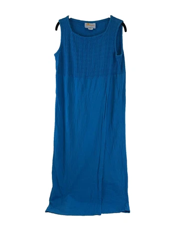 Sun Showers Water Water Every Wear Cotton Dress Blue Teal Midi Faux Wrap USA Sml