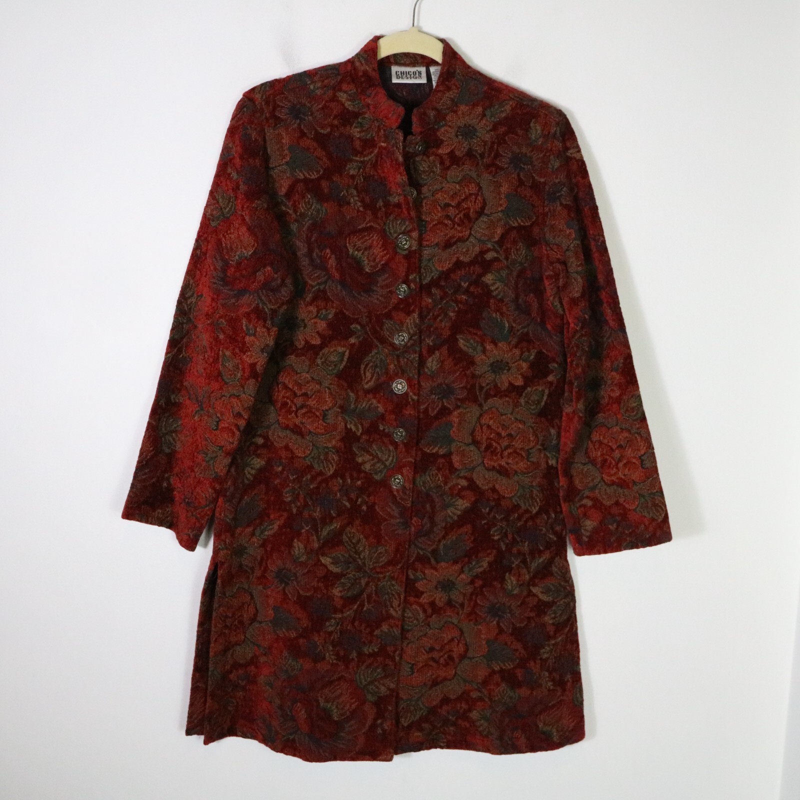 Vintage Chicos Tapestry Carpet Jacket Medium Brick Red Long Boho Witchy Artsy