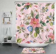 Garden Green Leaf Pink and Blue Floral Shower Curtain Set for Bathroom Decor