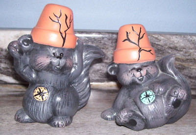 Pair of Ceramic Squirrel Figurines Flowerpots on Heads. Cute!