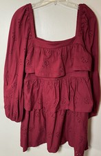 Asos Dress Womens 6 Red Burgundy Mini  Eyelet Ruffle Square Neck Layered