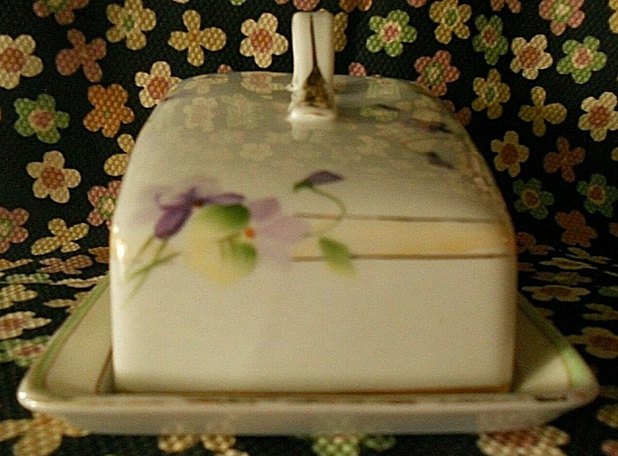 Vintage Hand Painted Nippon Violets Two Piece Cheese Keeper / Dish Porcelain