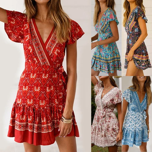 Womens Boho V-Neck Floral Mini Dress Ladies Summer Short Sleeve Beach Sundress - Picture 3 of 25
