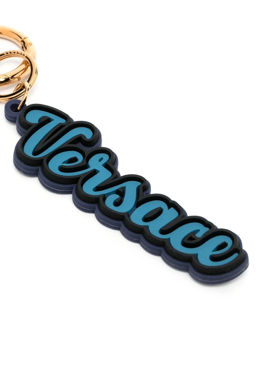即発送【VERSACE】Varsity Logo Silicone Key Chain キーリング VERSACE blue & black logo pendant varsity silicone keyring