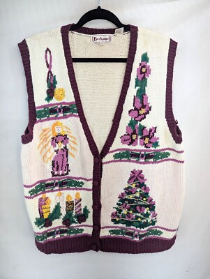 Bechamel Women White Christmas Sweater Vest with Design Front and Back Size L