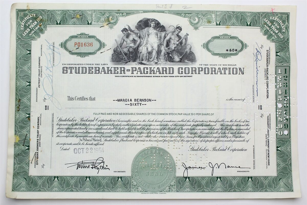 1954 Studebaker-Packard Corporation Stock Certificate 1954 Studebaker-Packard Corporation Stock Certificate