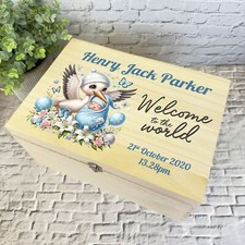 Blue Floral Stork Welcome New Baby Boy Personalised Wooden Memory Keepsake Box