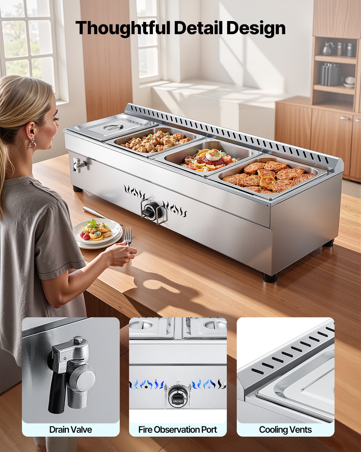 VEVOR Commercial Propane Steam Table 4-Pan Outdoor Food Warmer Stainless Steel