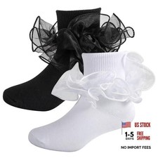 Ruffle Socks for Girls Fold Cuff Big Lace 4-6 Years 2 Pairs - Black, White