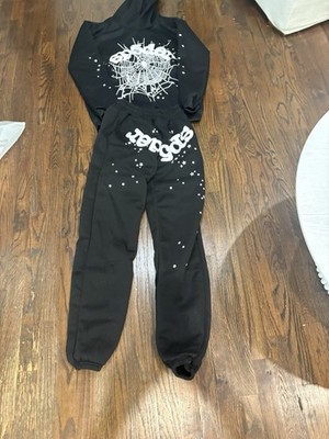 sp5der Black/White Spiderweb Star Tracksuit Set Hoodie & Pants Men L