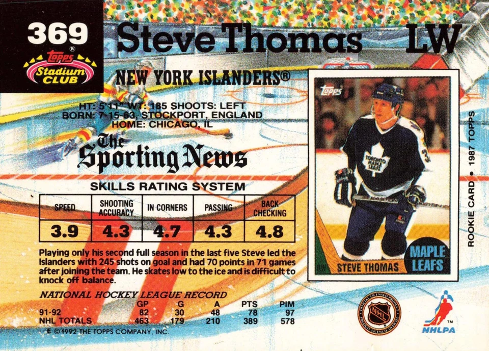 Steve Thomas 1992-93 Stadium Club #369 New York Islanders Hockey - Image 2 of 2